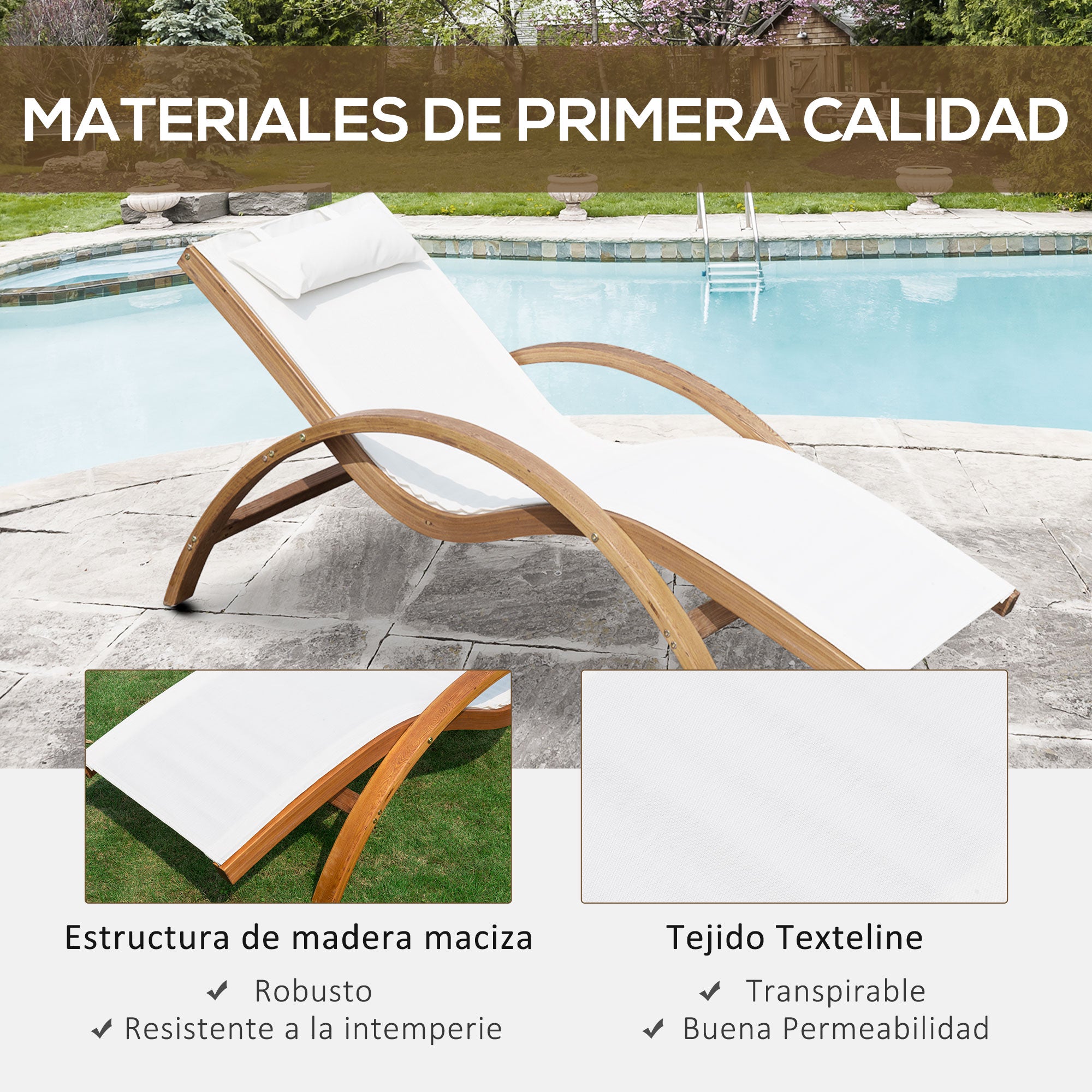 Hammock Lounger for Garden Terrace Beach Pool or Patio 161x72x68 cm White color made of Wood Mesh and Texteline with Cushion