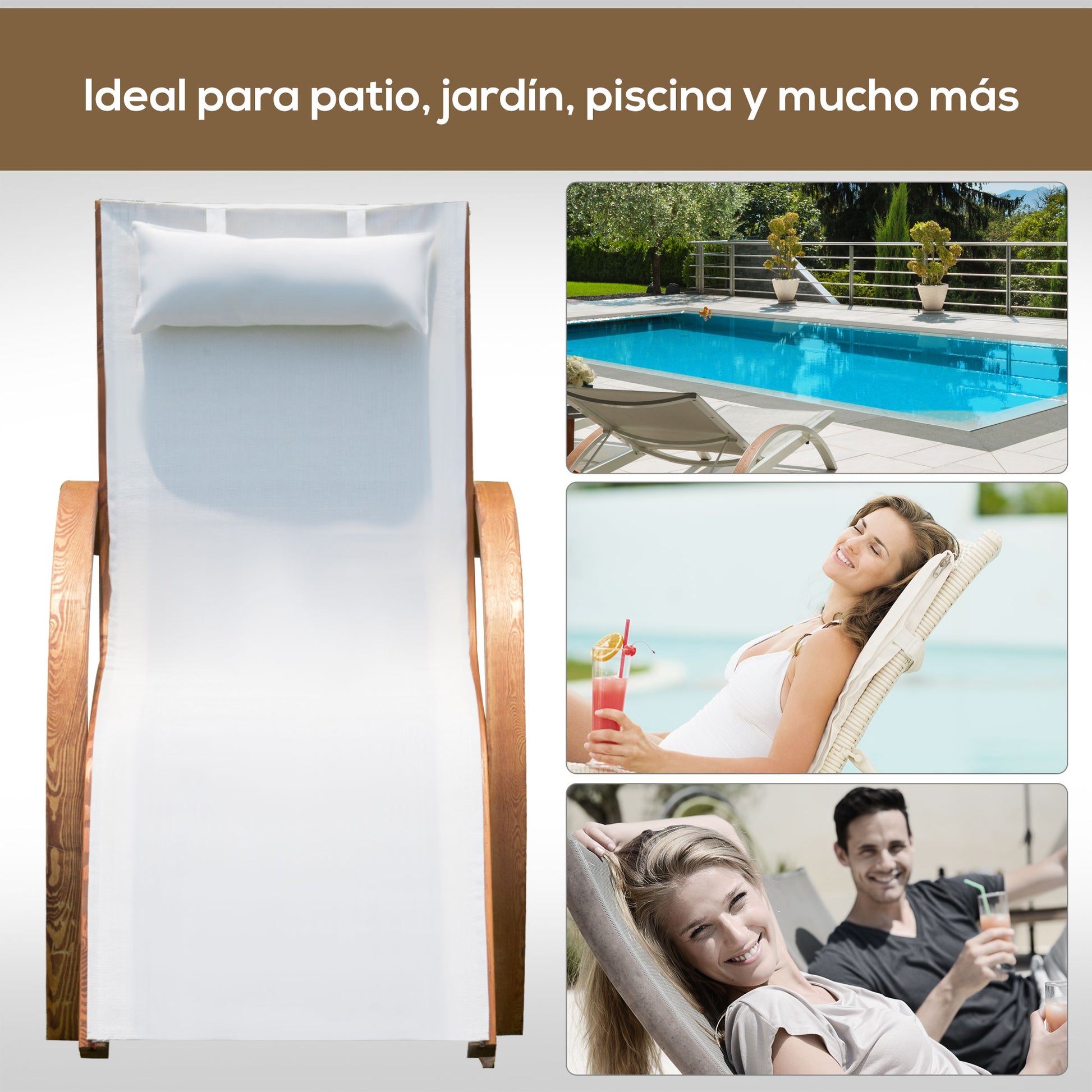 Hammock Lounger for Garden Terrace Beach Pool or Patio 161x72x68 cm White color made of Wood Mesh and Texteline with Cushion