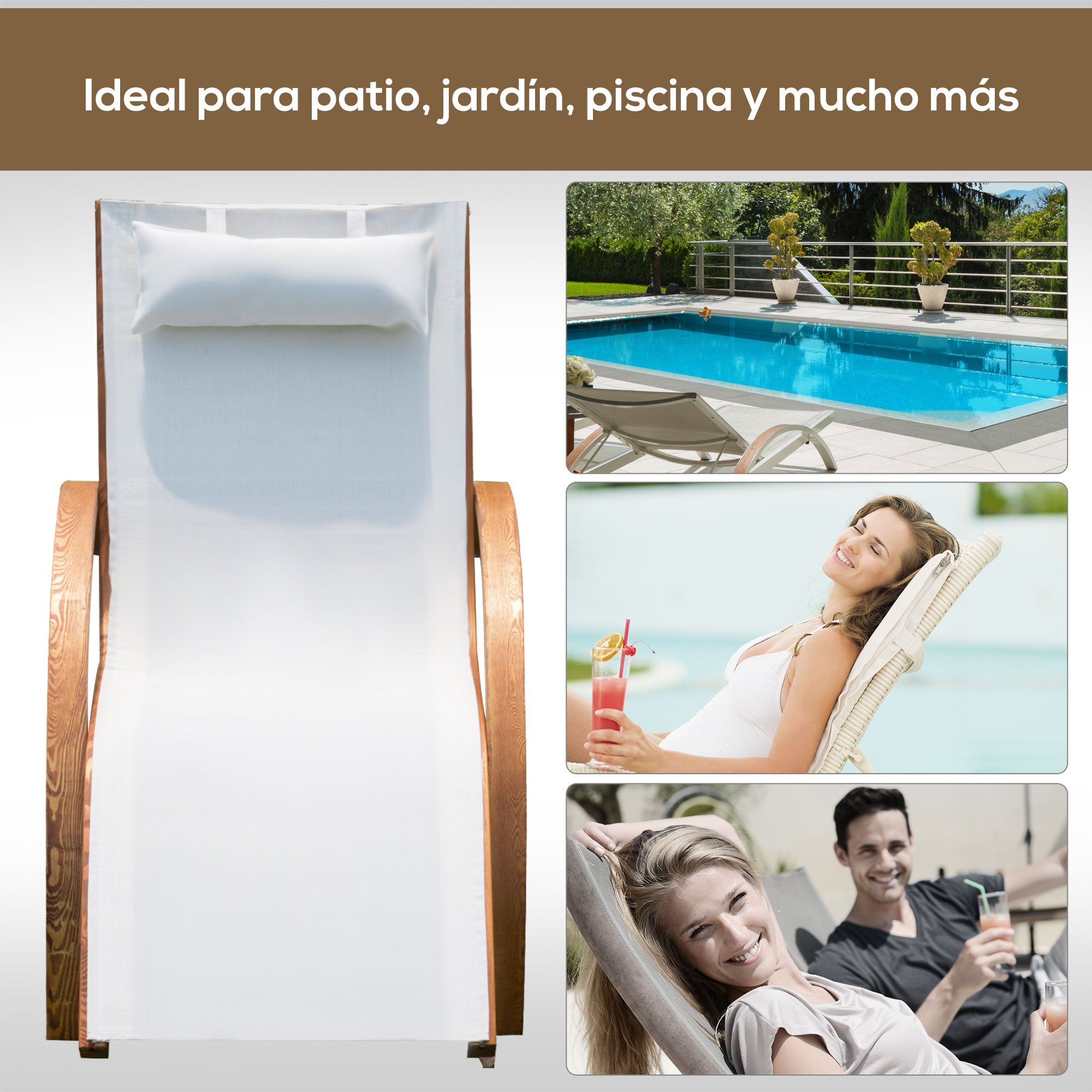 Hammock Lounger for Garden Terrace Beach Pool or Patio 161x72x68 cm White color made of Wood Mesh and Texteline with Cushion