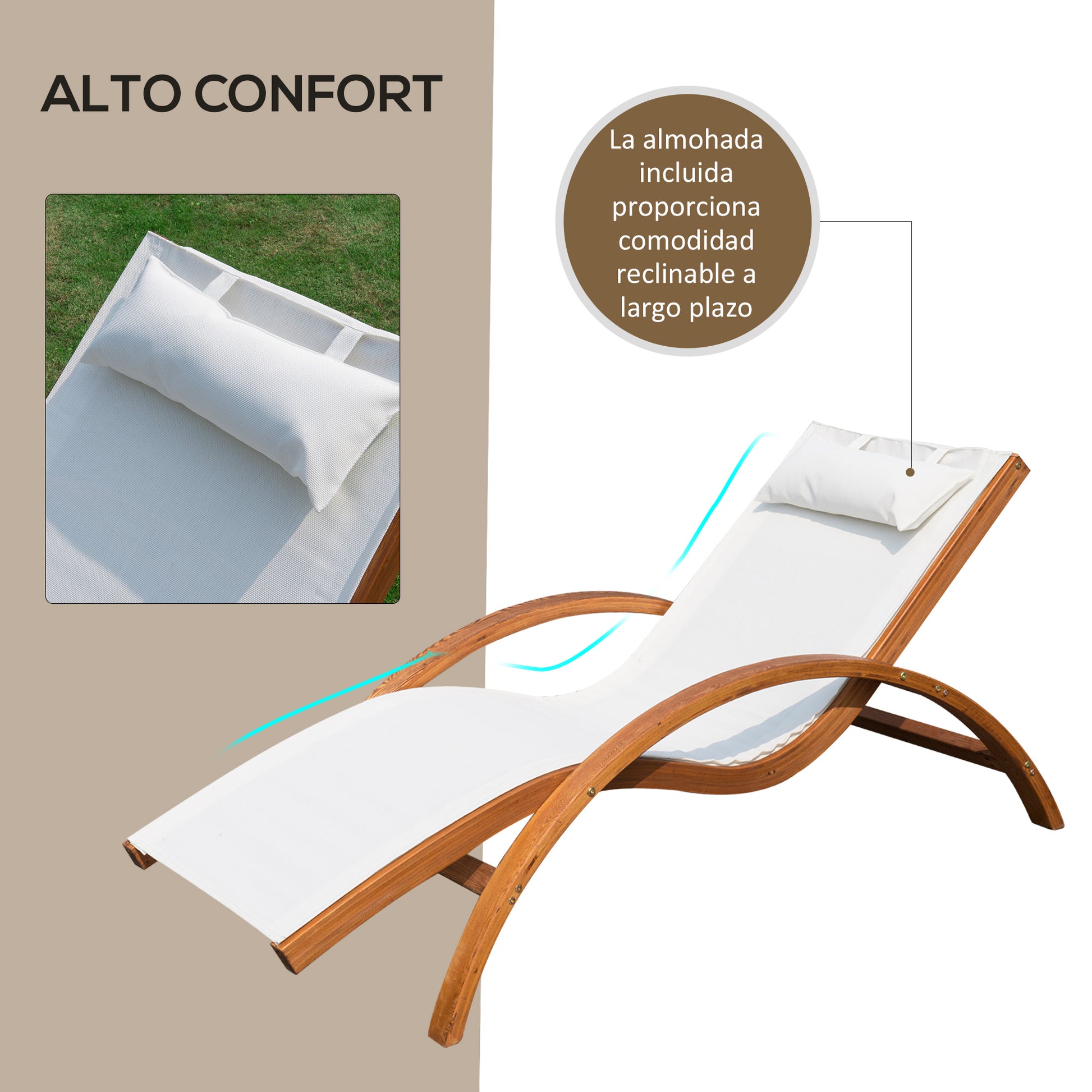 Hammock Lounger for Garden Terrace Beach Pool or Patio 161x72x68 cm White color made of Wood Mesh and Texteline with Cushion