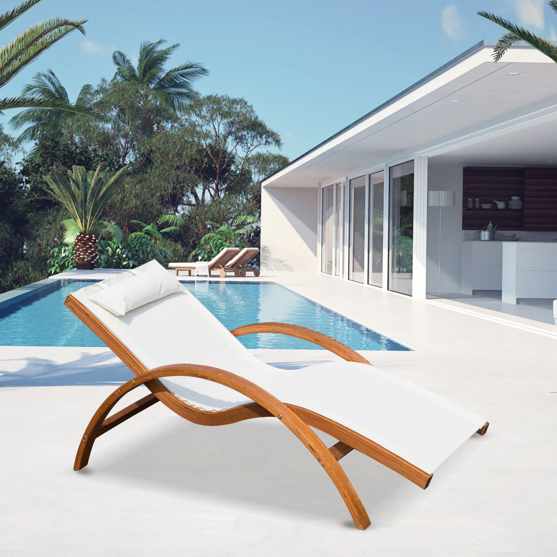 Hammock Lounger for Garden Terrace Beach Pool or Patio 161x72x68 cm White color made of Wood Mesh and Texteline with Cushion