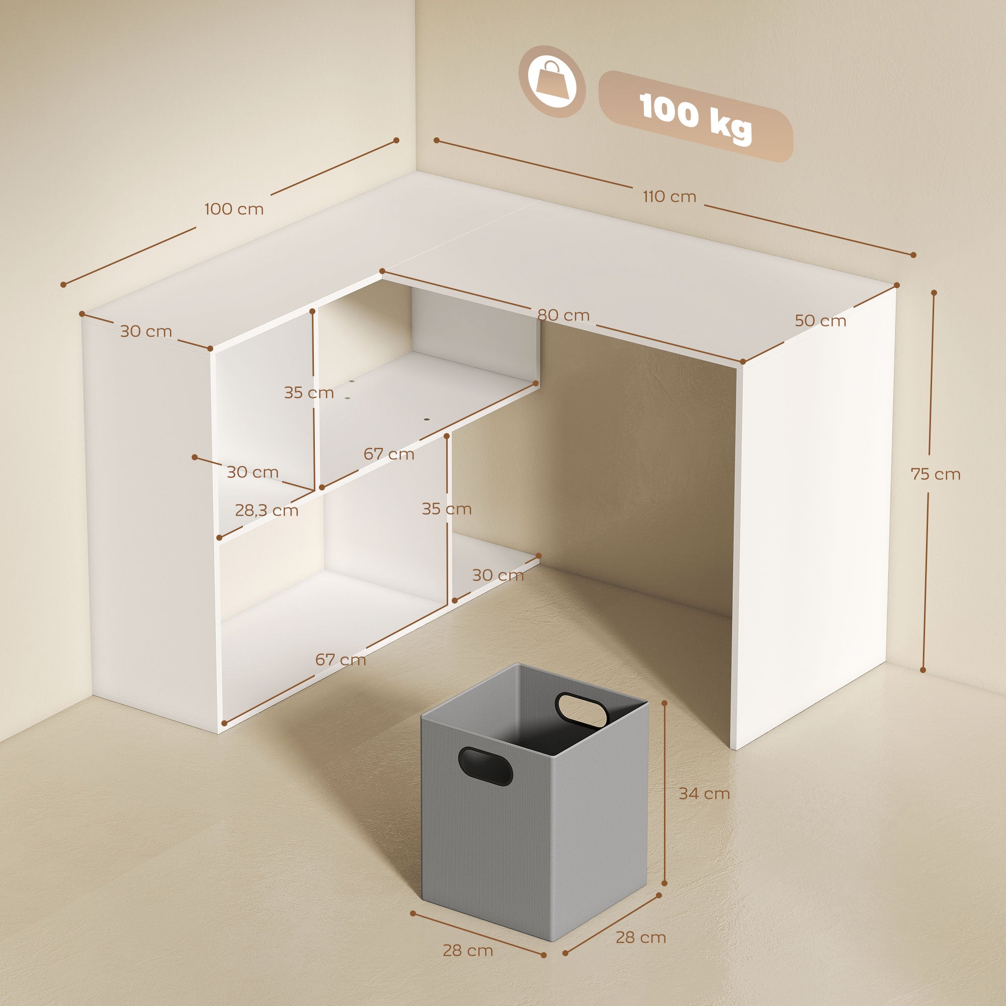 L-Shaped Corner Desk, 43.3 x 39.4 x 29.5 in — Computer Desk with Fabric Drawer & Open Shelves, White