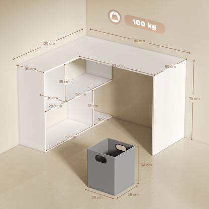 L-Shaped Corner Desk, 43.3 x 39.4 x 29.5 in — Computer Desk with Fabric Drawer & Open Shelves, White