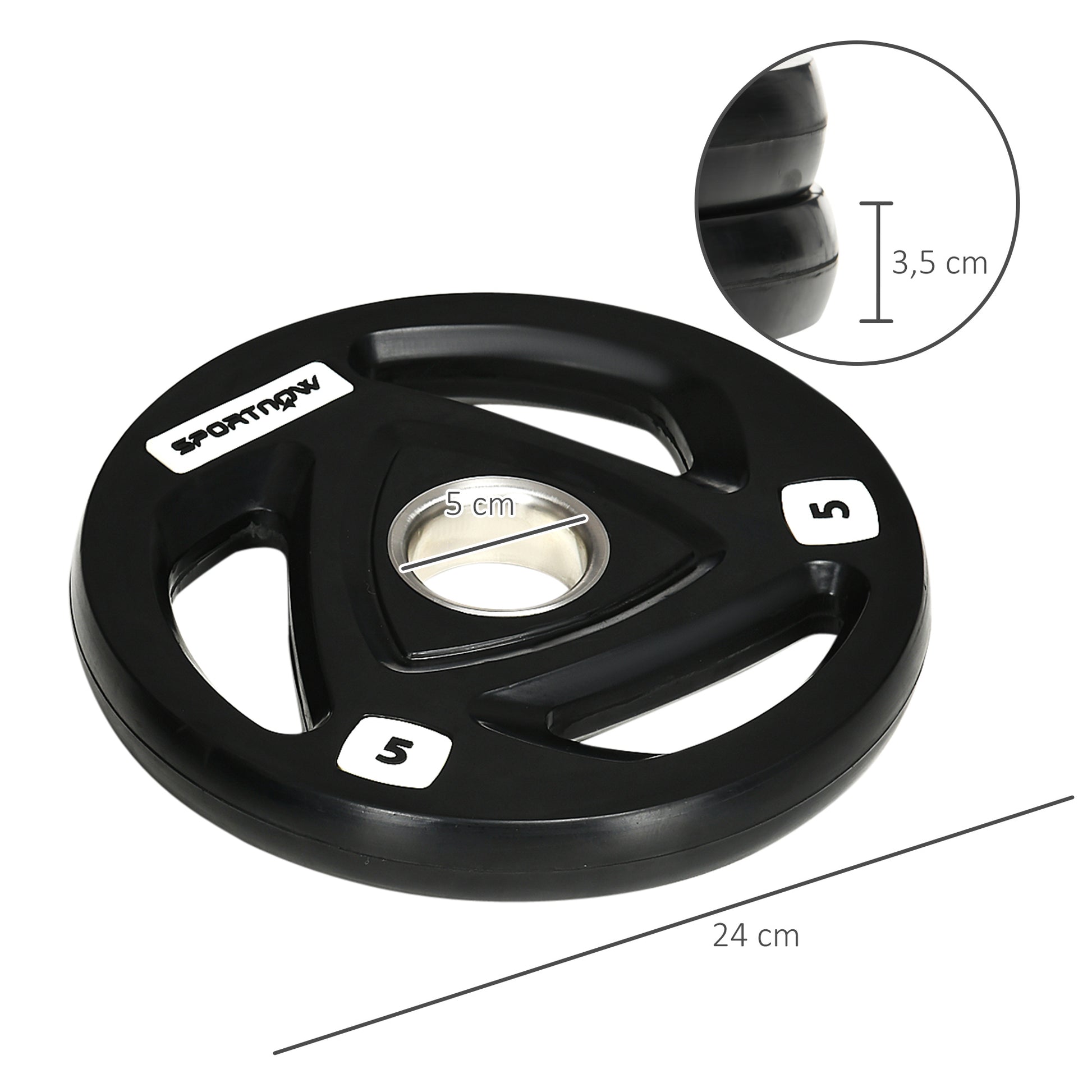 SPORTNOW Set of 2 Cast Iron Weight Plates Ø24x3.5 cm 5 kg Rubber Coated Weight Plates with 5 cm Hole for Barbell or Dumbbells Fitness in Home Gym Black