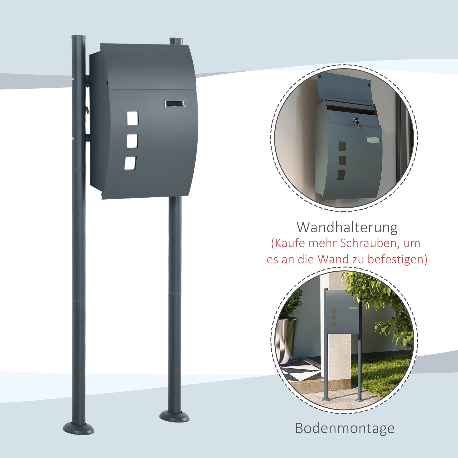 Mailbox with Stand, Wall Mailbox with Newspaper Compartment Mailbox with Viewing Window, 2 Keys, Made of Galvanized Steel, 44 x 15 x 114 cm, Anthracite