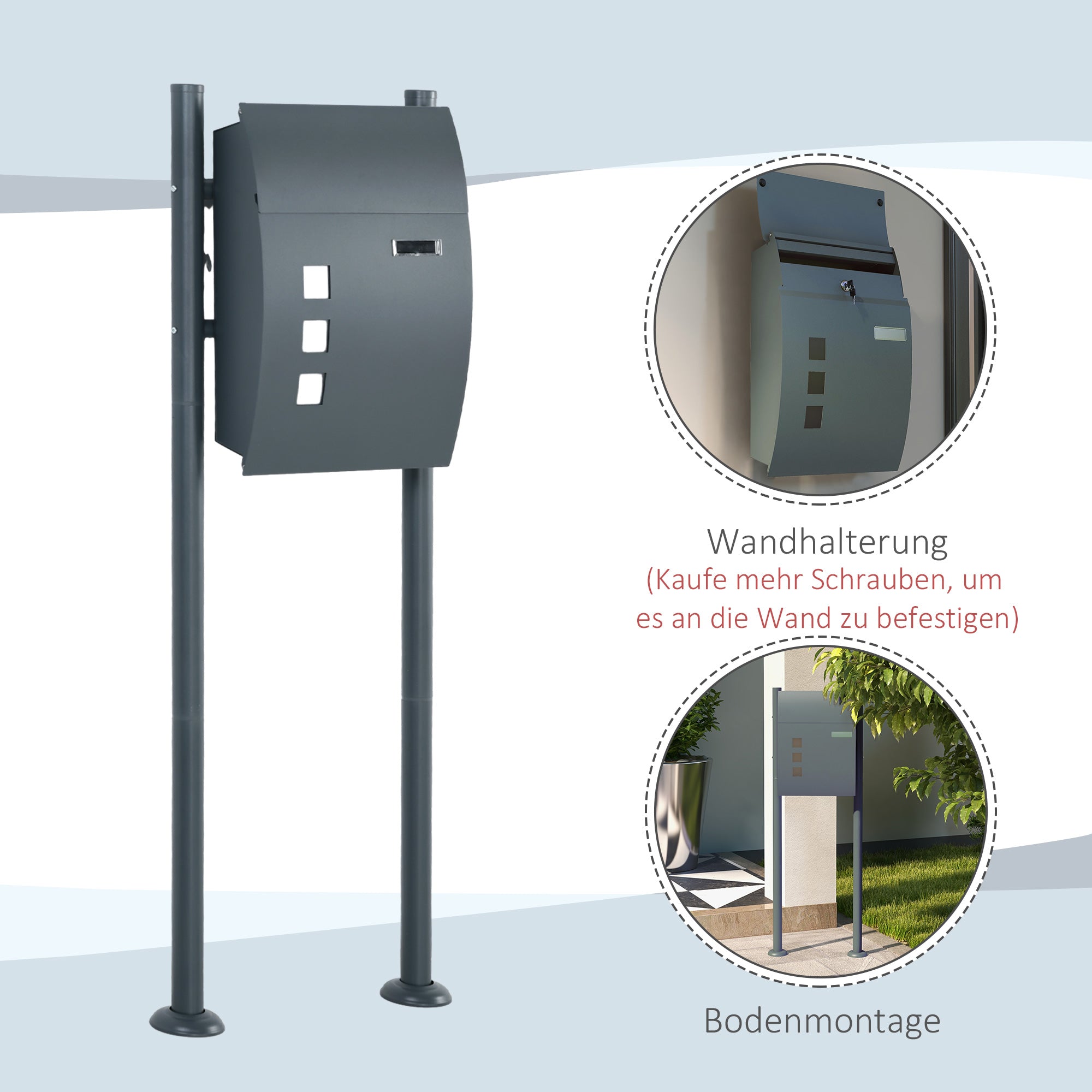 Mailbox with Stand, Wall Mailbox with Newspaper Compartment Mailbox with Viewing Window, 2 Keys, Made of Galvanized Steel, 44 x 15 x 114 cm, Anthracite
