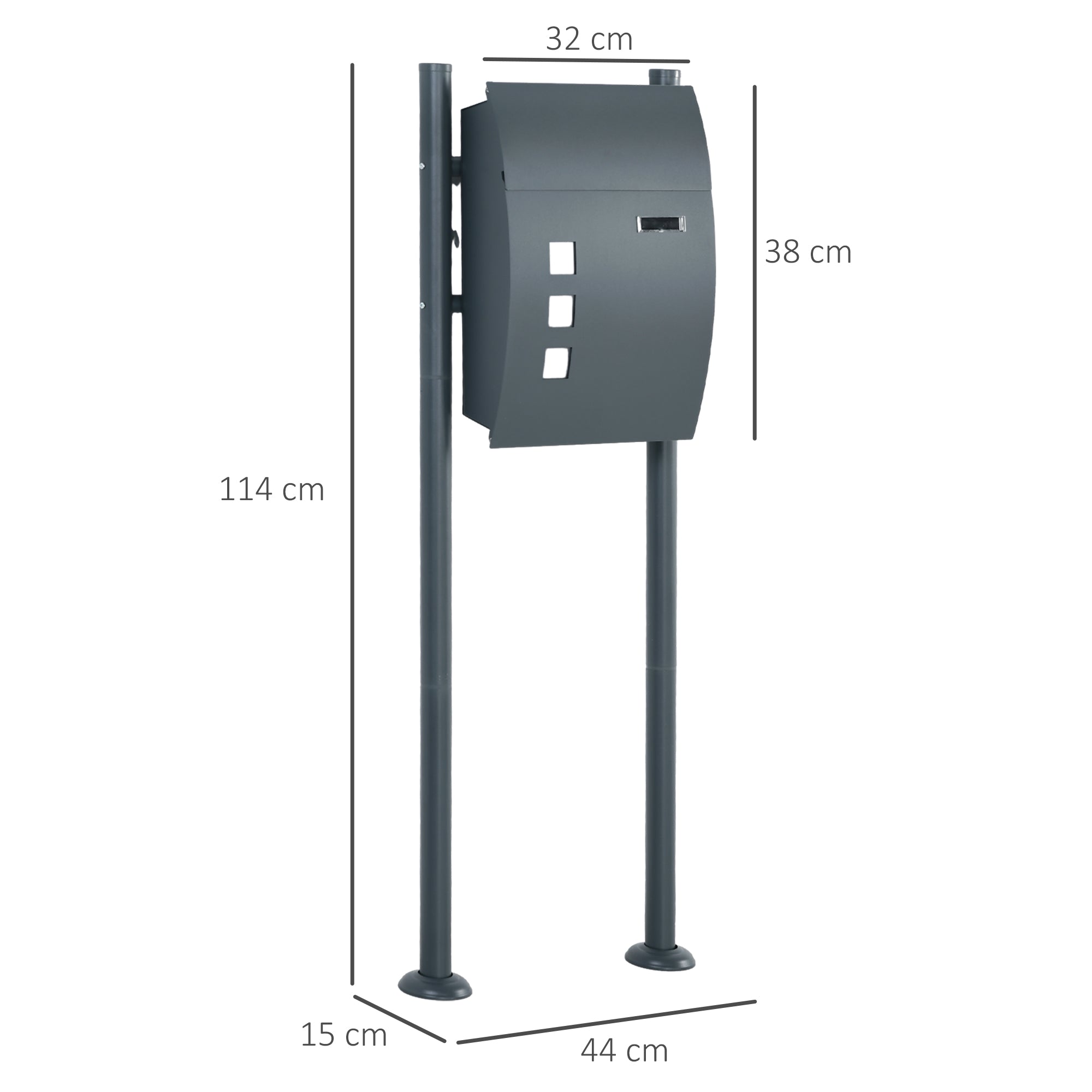 Mailbox with Stand, Wall Mailbox with Newspaper Compartment Mailbox with Viewing Window, 2 Keys, Made of Galvanized Steel, 44 x 15 x 114 cm, Anthracite