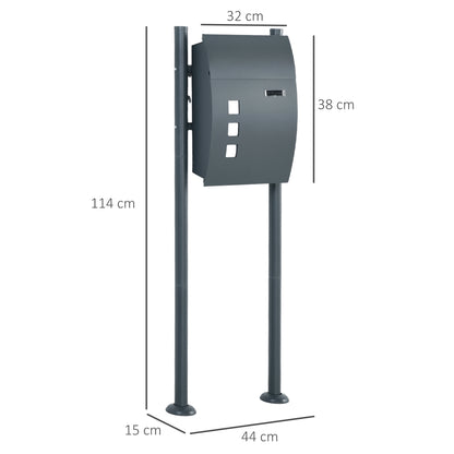 Mailbox with Stand, Wall Mailbox with Newspaper Compartment Mailbox with Viewing Window, 2 Keys, Made of Galvanized Steel, 44 x 15 x 114 cm, Anthracite