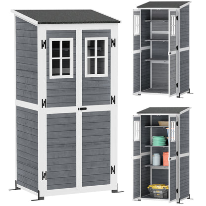 Wooden Garden Cabinet, Tool Shed with Lockable Door 2 Windows Floor Plate Asphalt Pent Roof Shelf 91x69x192cm, weatherproof Tool Cabinet, Tool Shed for Garden, Terrace, Light Gray