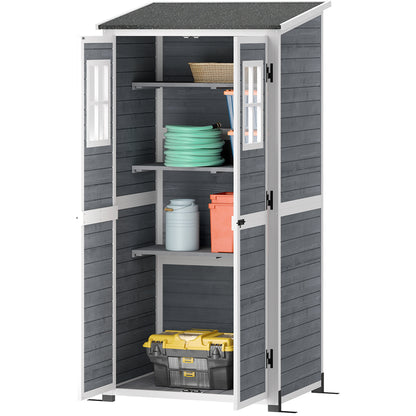 Wooden Garden Cabinet, Tool Shed with Lockable Door 2 Windows Floor Plate Asphalt Pent Roof Shelf 91x69x192cm, weatherproof Tool Cabinet, Tool Shed for Garden, Terrace, Light Gray