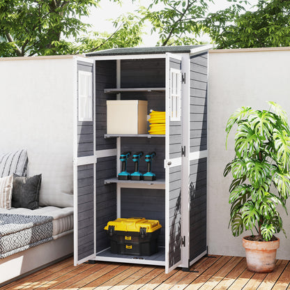 Wooden Garden Cabinet, Tool Shed with Lockable Door 2 Windows Floor Plate Asphalt Pent Roof Shelf 91x69x192cm, weatherproof Tool Cabinet, Tool Shed for Garden, Terrace, Light Gray