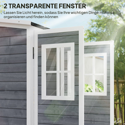 Wooden Garden Cabinet, Tool Shed with Lockable Door 2 Windows Floor Plate Asphalt Pent Roof Shelf 91x69x192cm, weatherproof Tool Cabinet, Tool Shed for Garden, Terrace, Light Gray
