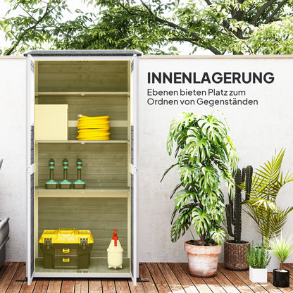 Wooden Garden Cabinet, Tool Shed with Lockable Door 2 Windows Floor Plate Asphalt Pent Roof Shelf 91x69x192cm, weatherproof Tool Cabinet, Tool Shed for Garden, Terrace, Light Gray