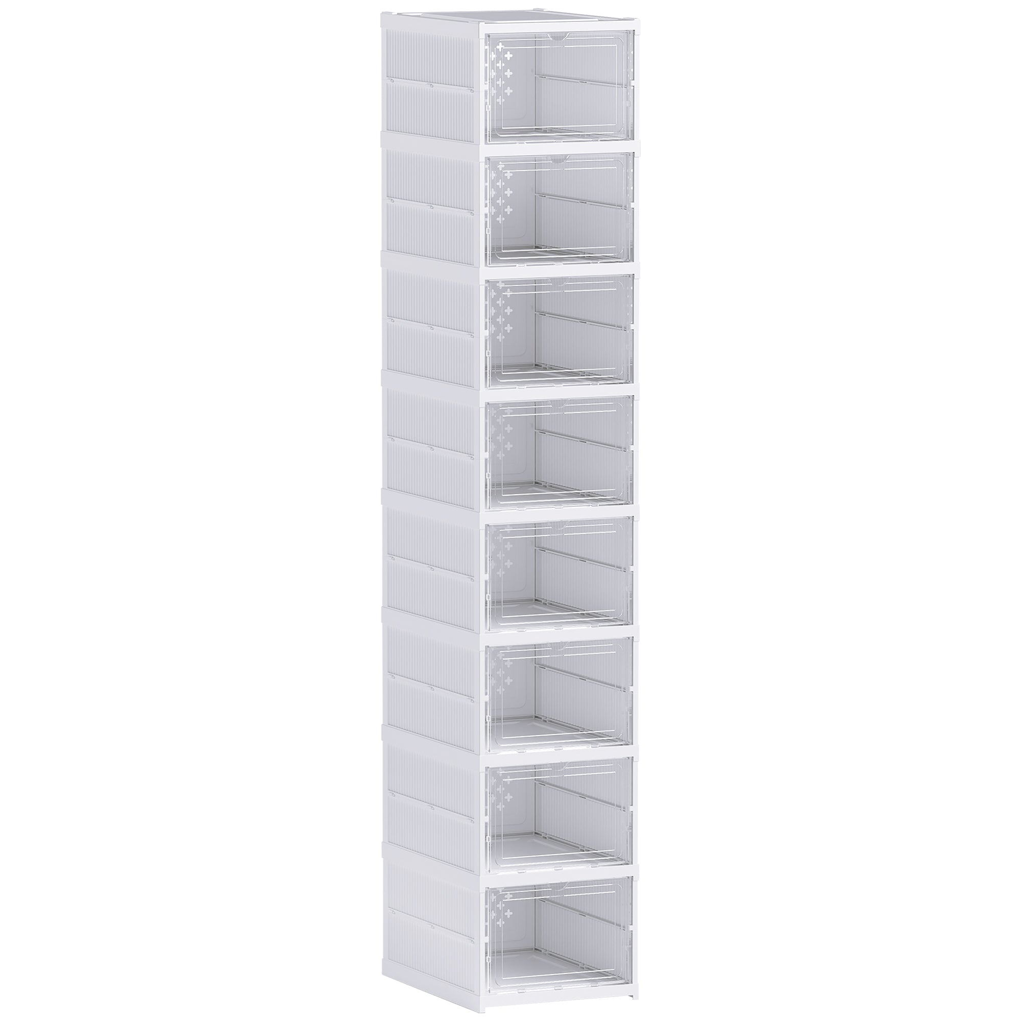 Shoe Boxes 8 Pieces Stackable and Foldable Shoe Organizer with Transparent Doors, Space-Saving Shoe Storage for 8 Pairs of Shoes, White
