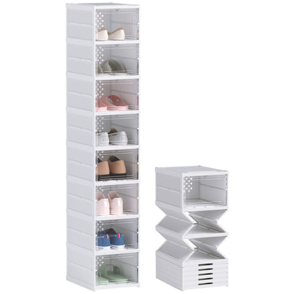 Shoe Boxes 8 Pieces Stackable and Foldable Shoe Organizer with Transparent Doors, Space-Saving Shoe Storage for 8 Pairs of Shoes, White