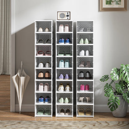 Shoe Boxes 8 Pieces Stackable and Foldable Shoe Organizer with Transparent Doors, Space-Saving Shoe Storage for 8 Pairs of Shoes, White