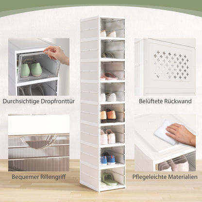 Shoe Boxes 8 Pieces Stackable and Foldable Shoe Organizer with Transparent Doors, Space-Saving Shoe Storage for 8 Pairs of Shoes, White