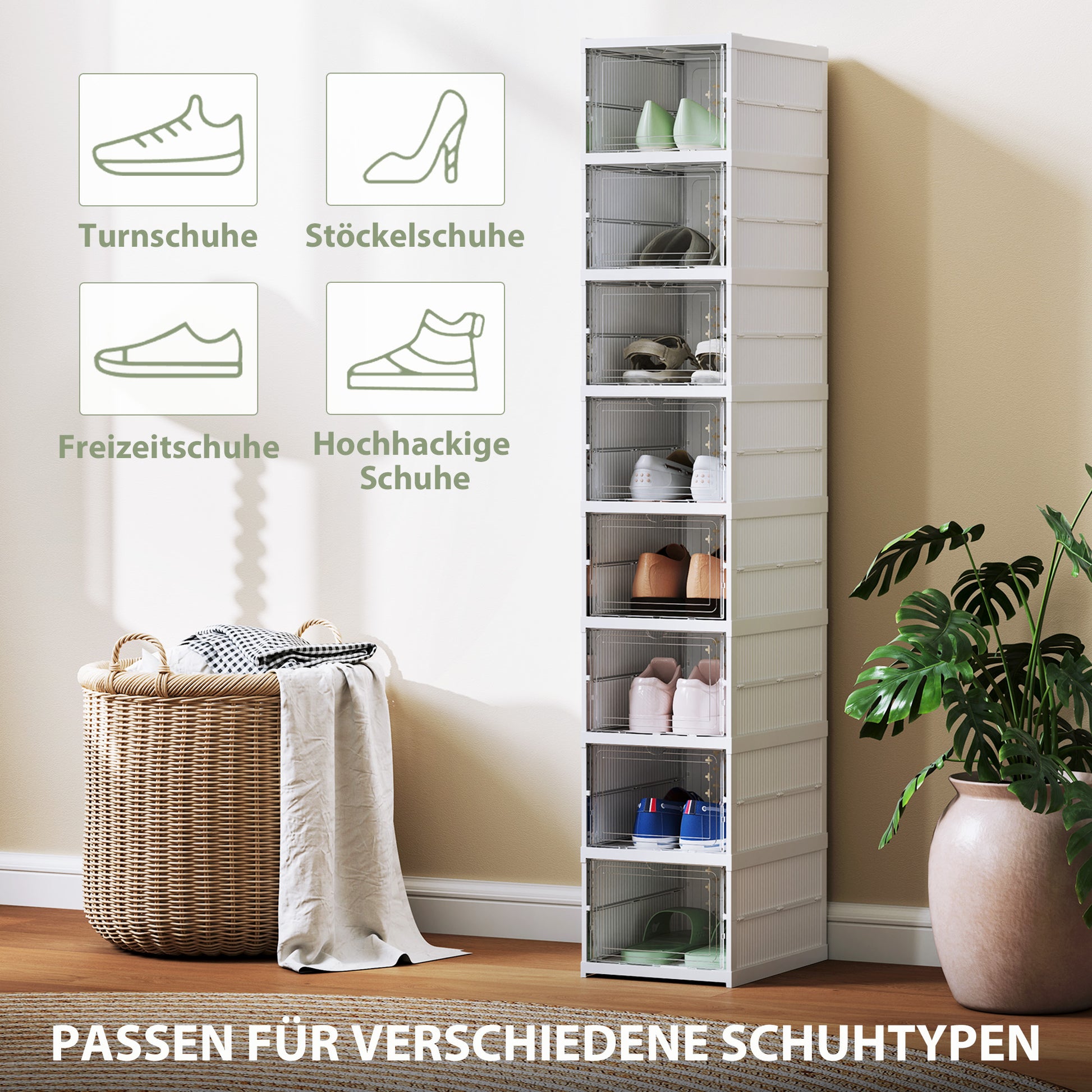 Shoe Boxes 8 Pieces Stackable and Foldable Shoe Organizer with Transparent Doors, Space-Saving Shoe Storage for 8 Pairs of Shoes, White