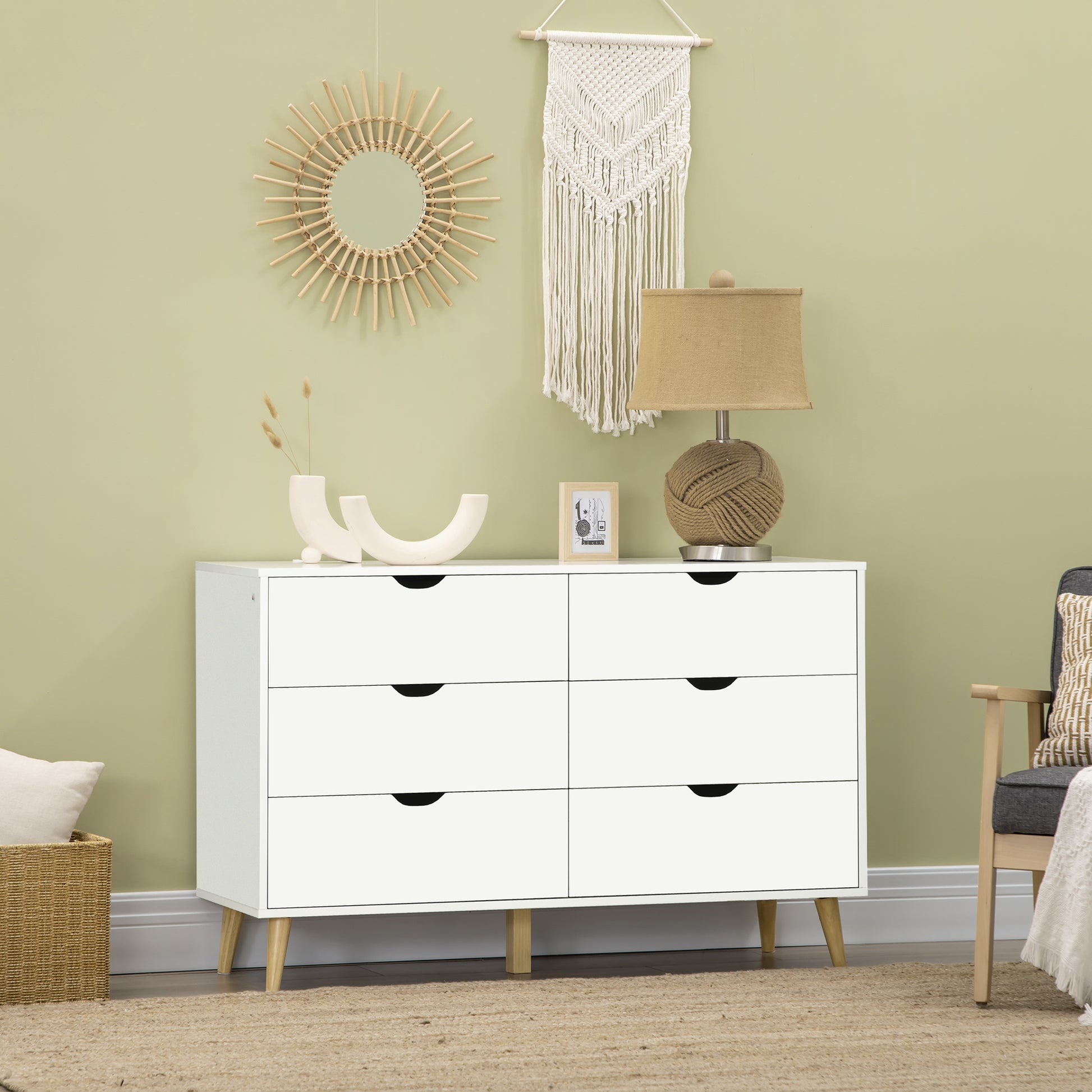 6-Drawer Dresser Cabinet Organizer with Drawers for Kitchen Bedroom Living Room Study Modern Style Anti-tip 120x40x76 cm White