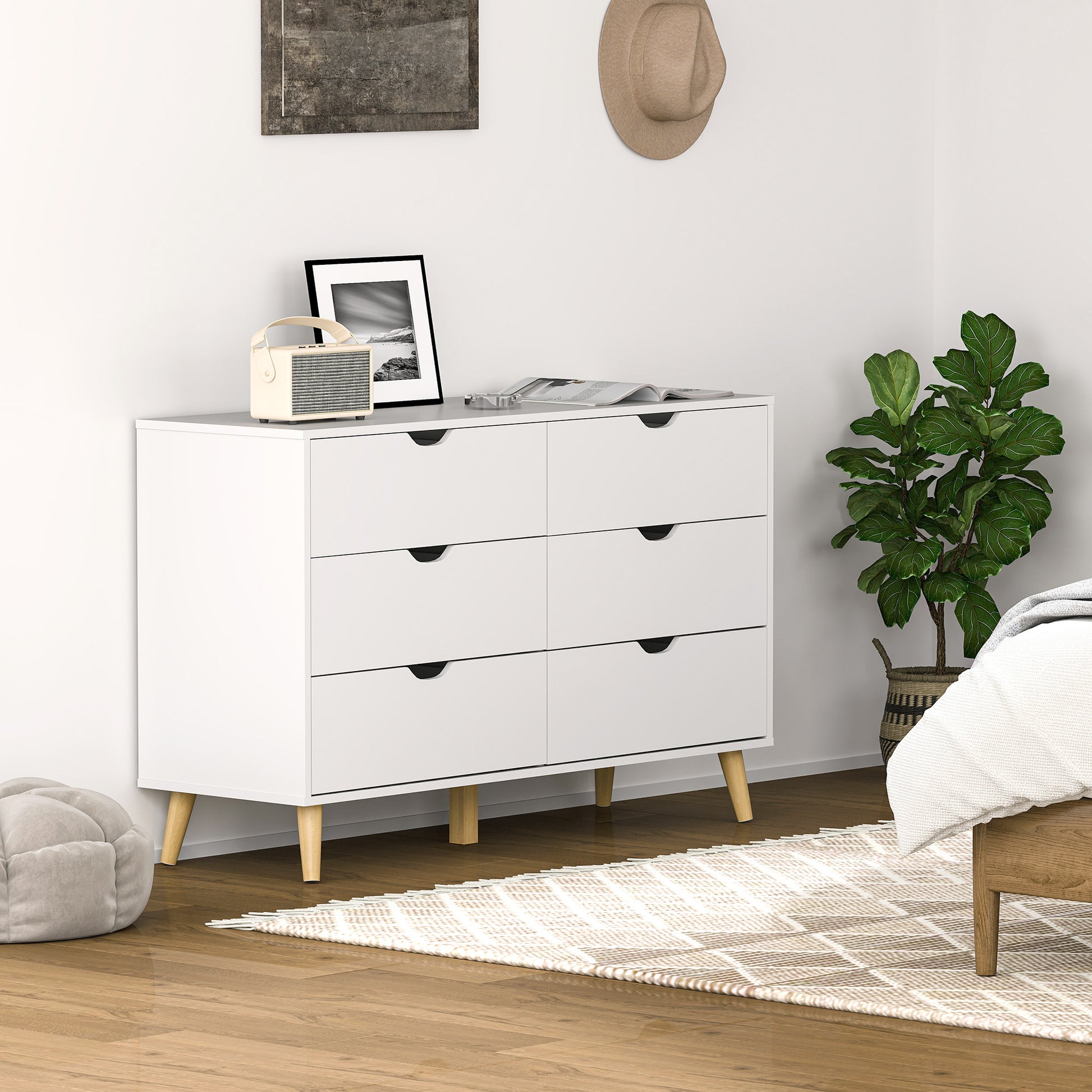 6-Drawer Dresser Cabinet Organizer with Drawers for Kitchen Bedroom Living Room Study Modern Style Anti-tip 120x40x76 cm White