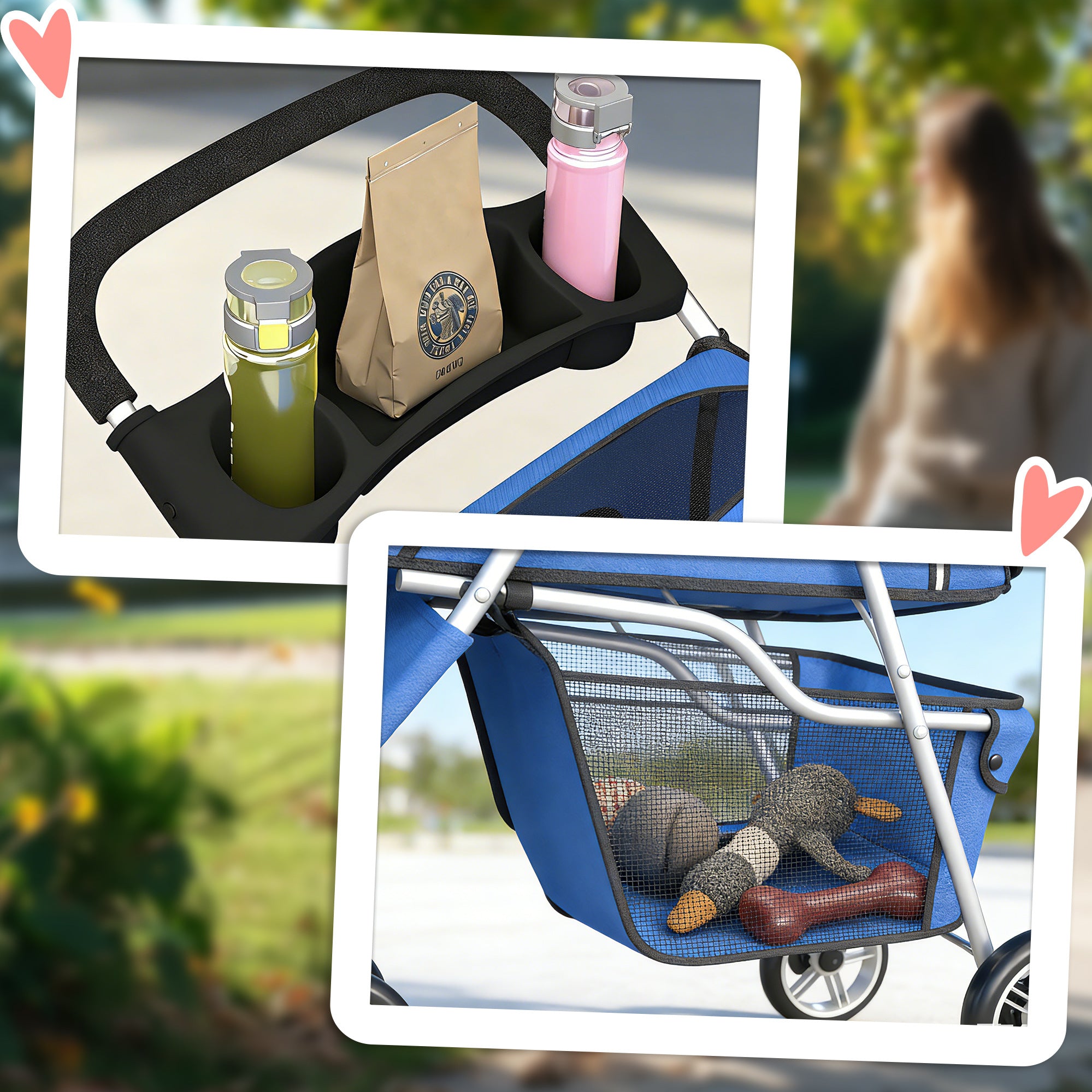 Foldable Pet Stroller for Small Dogs — Mesh Windows, Storage Basket & Cup Holder, 22 lb Capacity, Blue