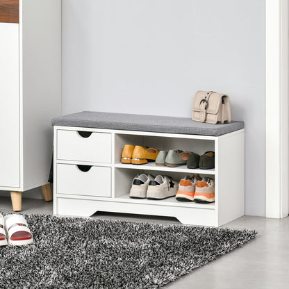 Shoe Bench with Seat, 2 Shelves, Removable Cushion Bag, and 2 Drawers. Entryway Bench for 4 Pairs of Shoes for Modern Entryway Hallway 80.5x30.5x43.5 cm White and Grey