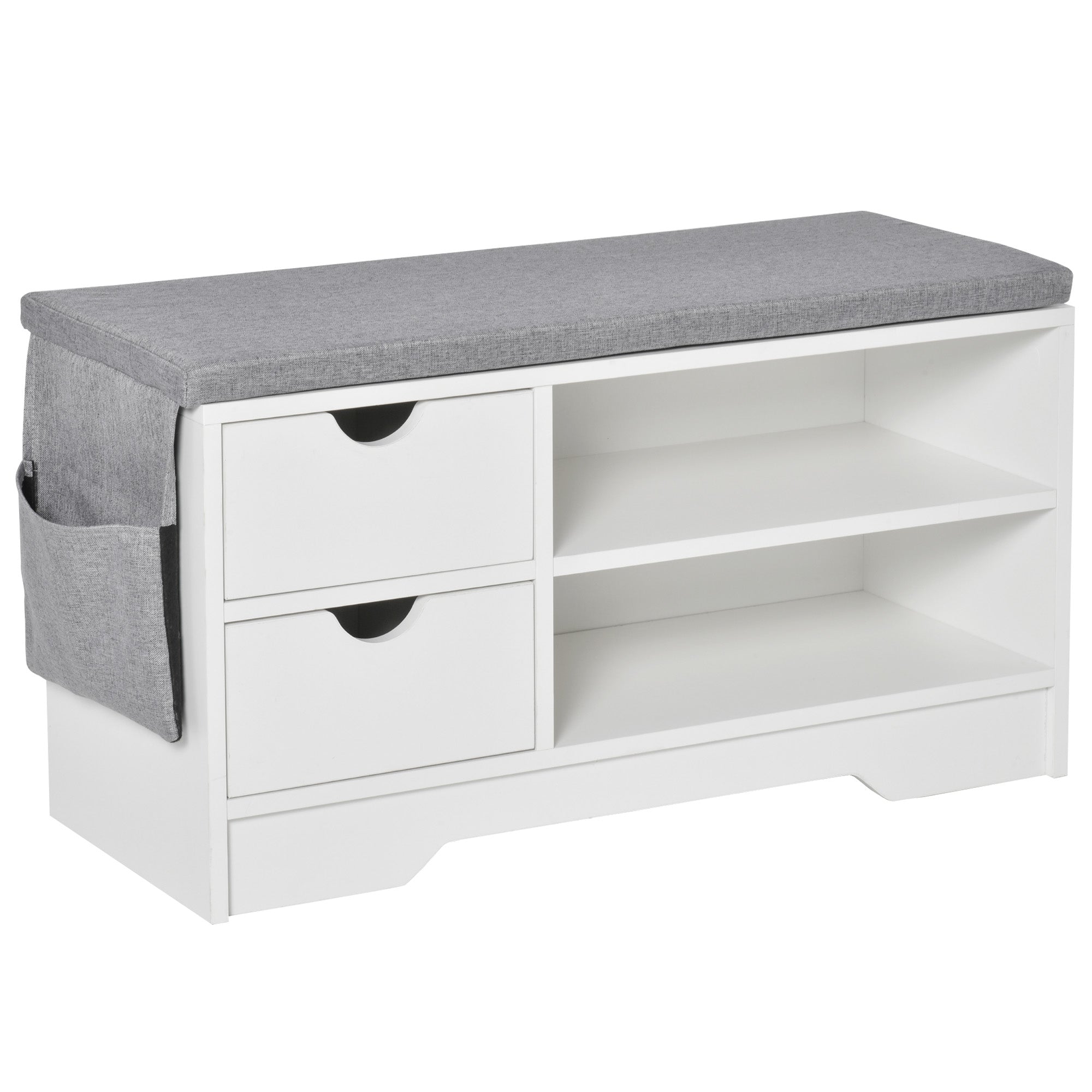 Shoe Bench with Seat, 2 Shelves, Removable Cushion Bag, and 2 Drawers. Entryway Bench for 4 Pairs of Shoes for Modern Entryway Hallway 80.5x30.5x43.5 cm White and Grey