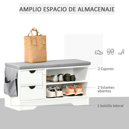 Shoe Bench with Seat, 2 Shelves, Removable Cushion Bag, and 2 Drawers. Entryway Bench for 4 Pairs of Shoes for Modern Entryway Hallway 80.5x30.5x43.5 cm White and Grey