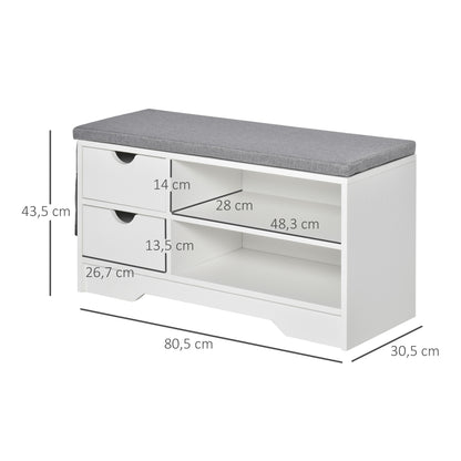 Shoe Bench with Seat, 2 Shelves, Removable Cushion Bag, and 2 Drawers. Entryway Bench for 4 Pairs of Shoes for Modern Entryway Hallway 80.5x30.5x43.5 cm White and Grey