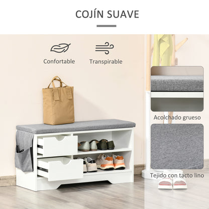 Shoe Bench with Seat, 2 Shelves, Removable Cushion Bag, and 2 Drawers. Entryway Bench for 4 Pairs of Shoes for Modern Entryway Hallway 80.5x30.5x43.5 cm White and Grey