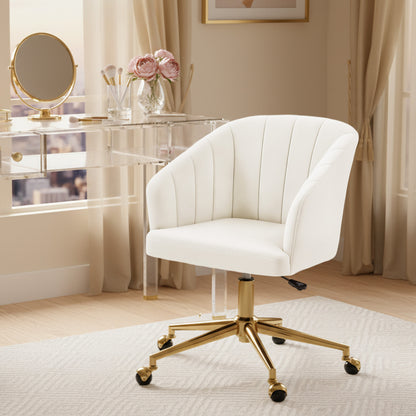 Velvet Office Chair with Casters — Padded Channel Back, Wide Seat, Adjustable Height, High‑Resilience Foam — Cream