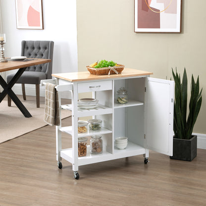 Rolling Kitchen Cart Service Cart Contemporary Style - Door, Drawer, 3 Shelves - Metal Handles White Wood