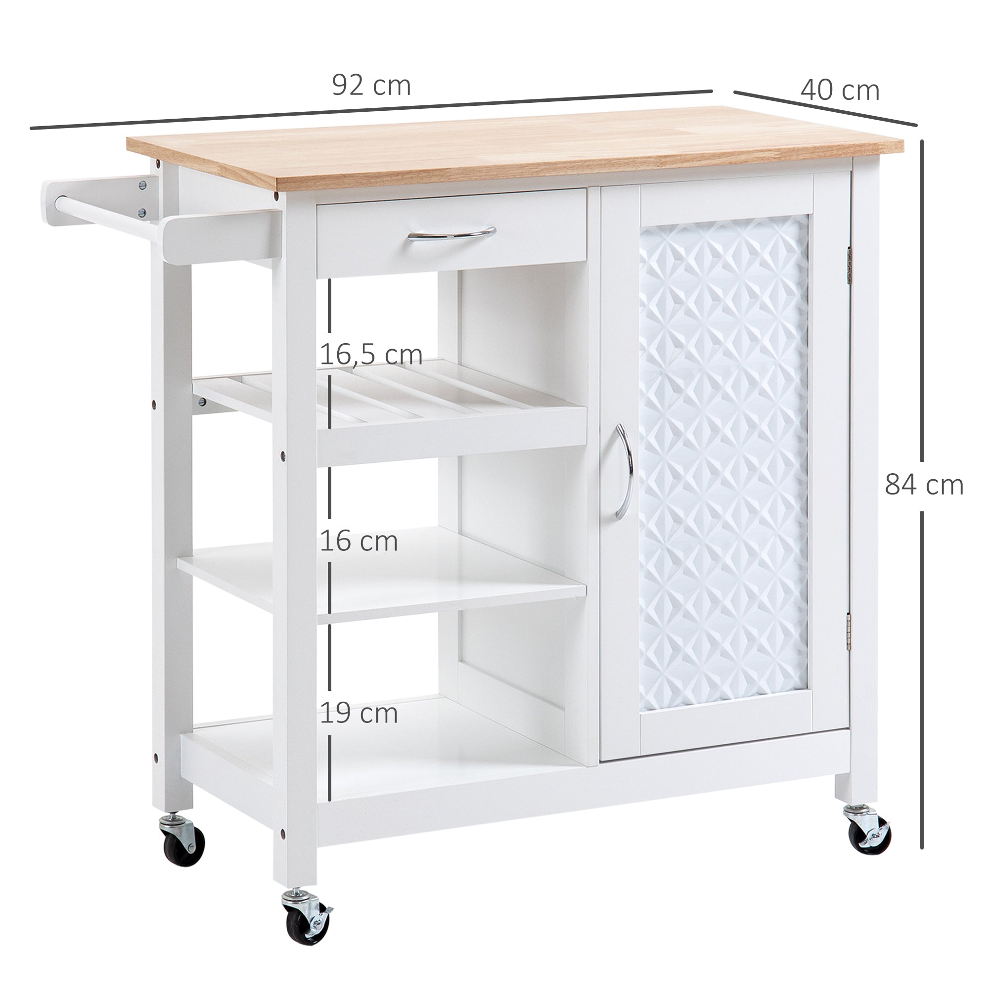 Rolling Kitchen Cart Service Cart Contemporary Style - Door, Drawer, 3 Shelves - Metal Handles White Wood