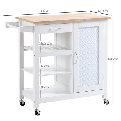 Rolling Kitchen Cart Service Cart Contemporary Style - Door, Drawer, 3 Shelves - Metal Handles White Wood