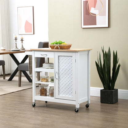 Rolling Kitchen Cart Service Cart Contemporary Style - Door, Drawer, 3 Shelves - Metal Handles White Wood