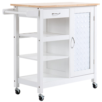 Rolling Kitchen Cart Service Cart Contemporary Style - Door, Drawer, 3 Shelves - Metal Handles White Wood