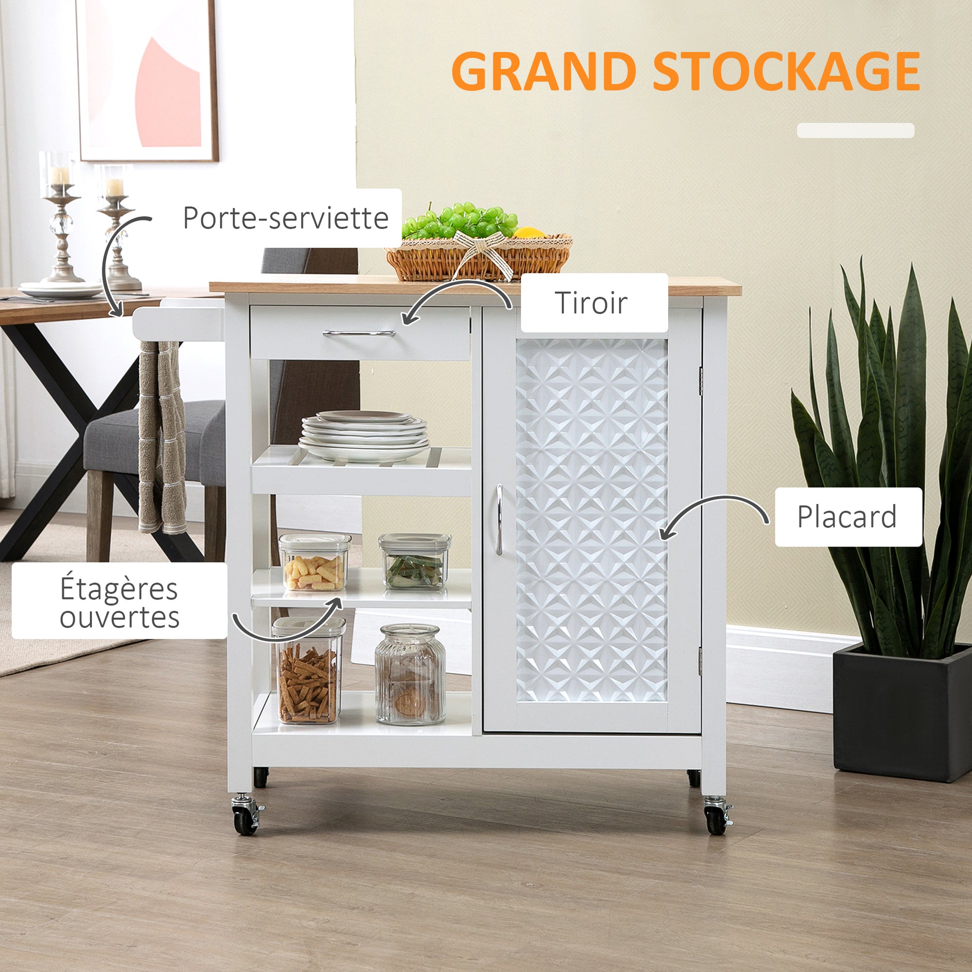 Rolling Kitchen Cart Service Cart Contemporary Style - Door, Drawer, 3 Shelves - Metal Handles White Wood