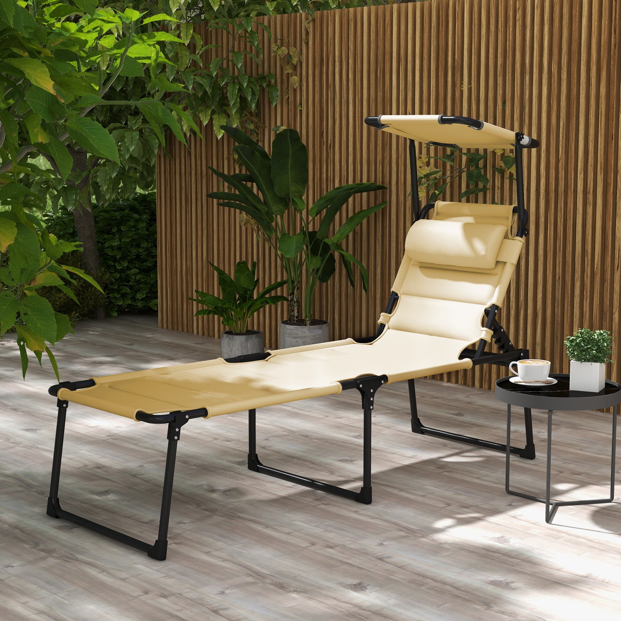 Folding Garden Lounger with Adjustable Canopy 4-Level Reclining Backrest and Headrest for Terrace Pool 27.56x78.74x17.72 inches Cream