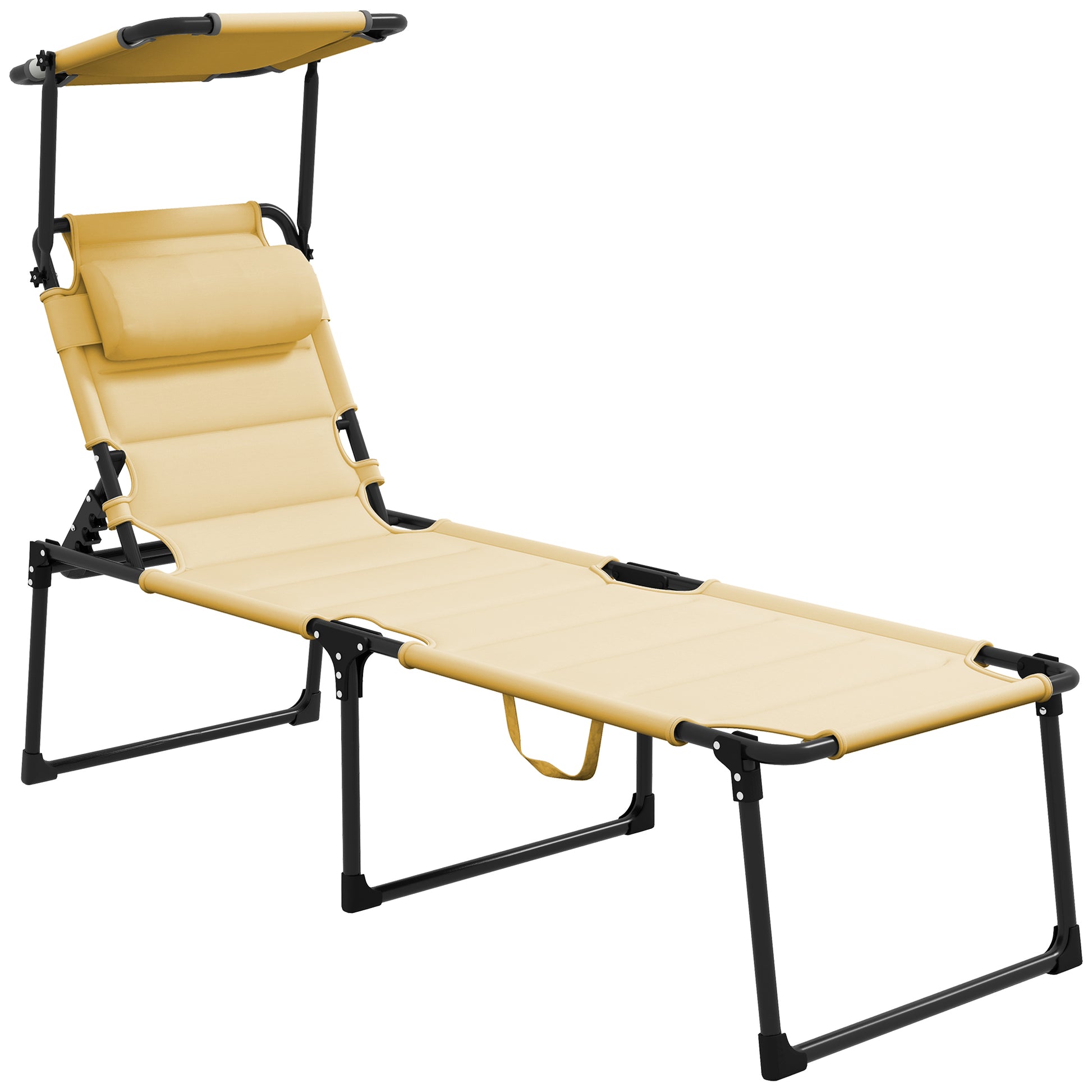 Folding Garden Lounger with Adjustable Canopy 4-Level Reclining Backrest and Headrest for Terrace Pool 27.56x78.74x17.72 inches Cream