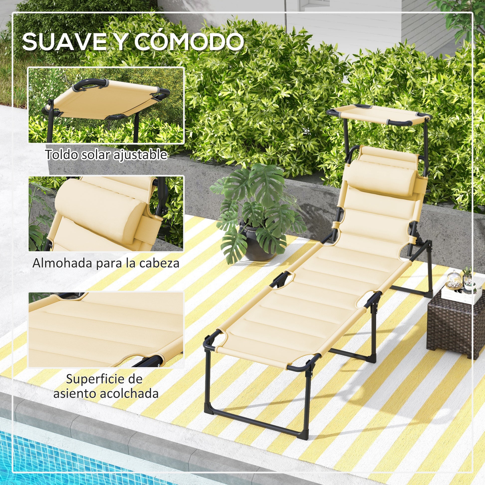 Folding Garden Lounger with Adjustable Canopy 4-Level Reclining Backrest and Headrest for Terrace Pool 27.56x78.74x17.72 inches Cream