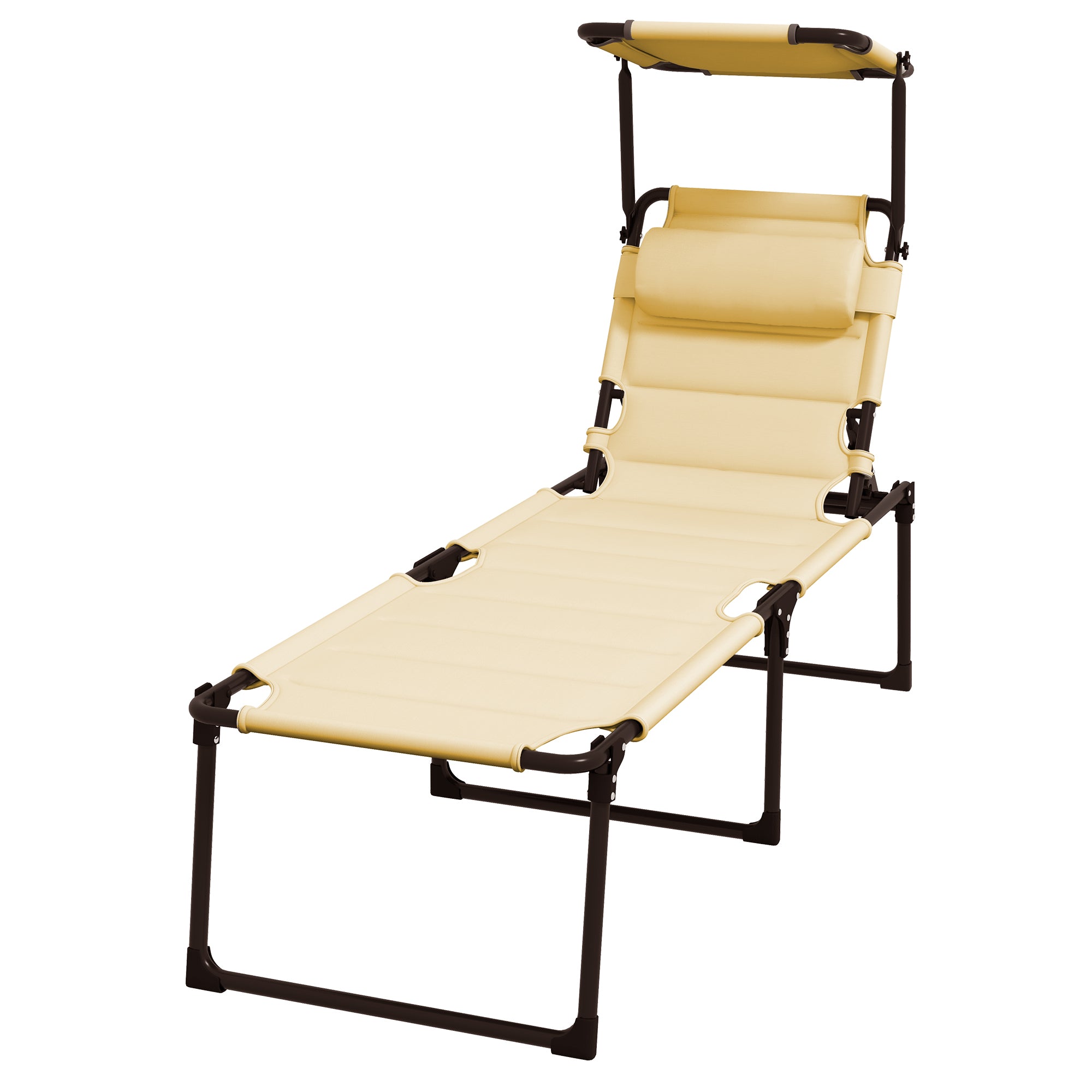 Folding Garden Lounger with Adjustable Canopy 4-Level Reclining Backrest and Headrest for Terrace Pool 27.56x78.74x17.72 inches Cream