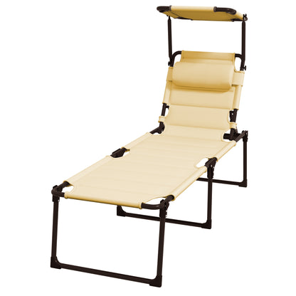 Folding Garden Lounger with Adjustable Canopy 4-Level Reclining Backrest and Headrest for Terrace Pool 27.56x78.74x17.72 inches Cream