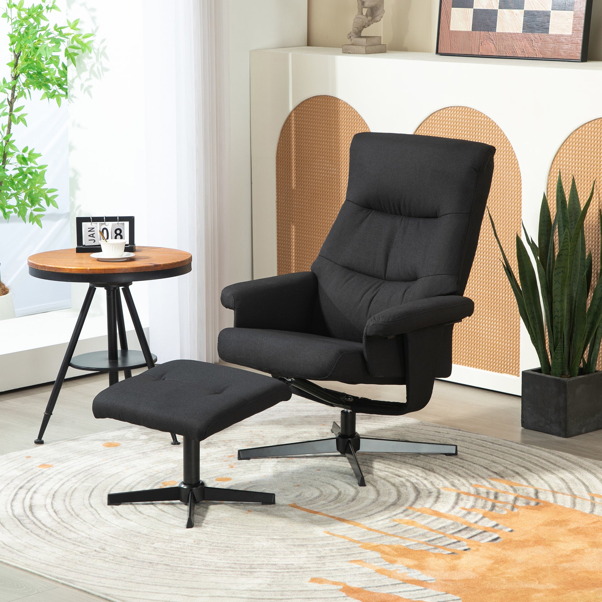 Recliner Chair with Ottoman, Padded TV Chair with Reclining Function, Rocking Feature, Swivel Lounge Chair with Velvet Look, for Living Room, Bedroom, Black