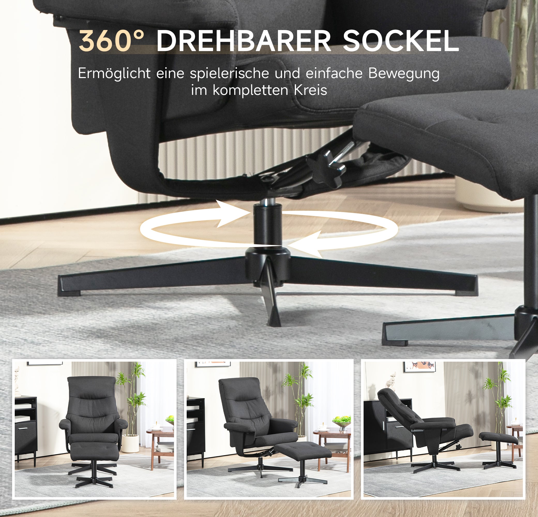 Recliner Chair with Ottoman, Padded TV Chair with Reclining Function, Rocking Feature, Swivel Lounge Chair with Velvet Look, for Living Room, Bedroom, Black