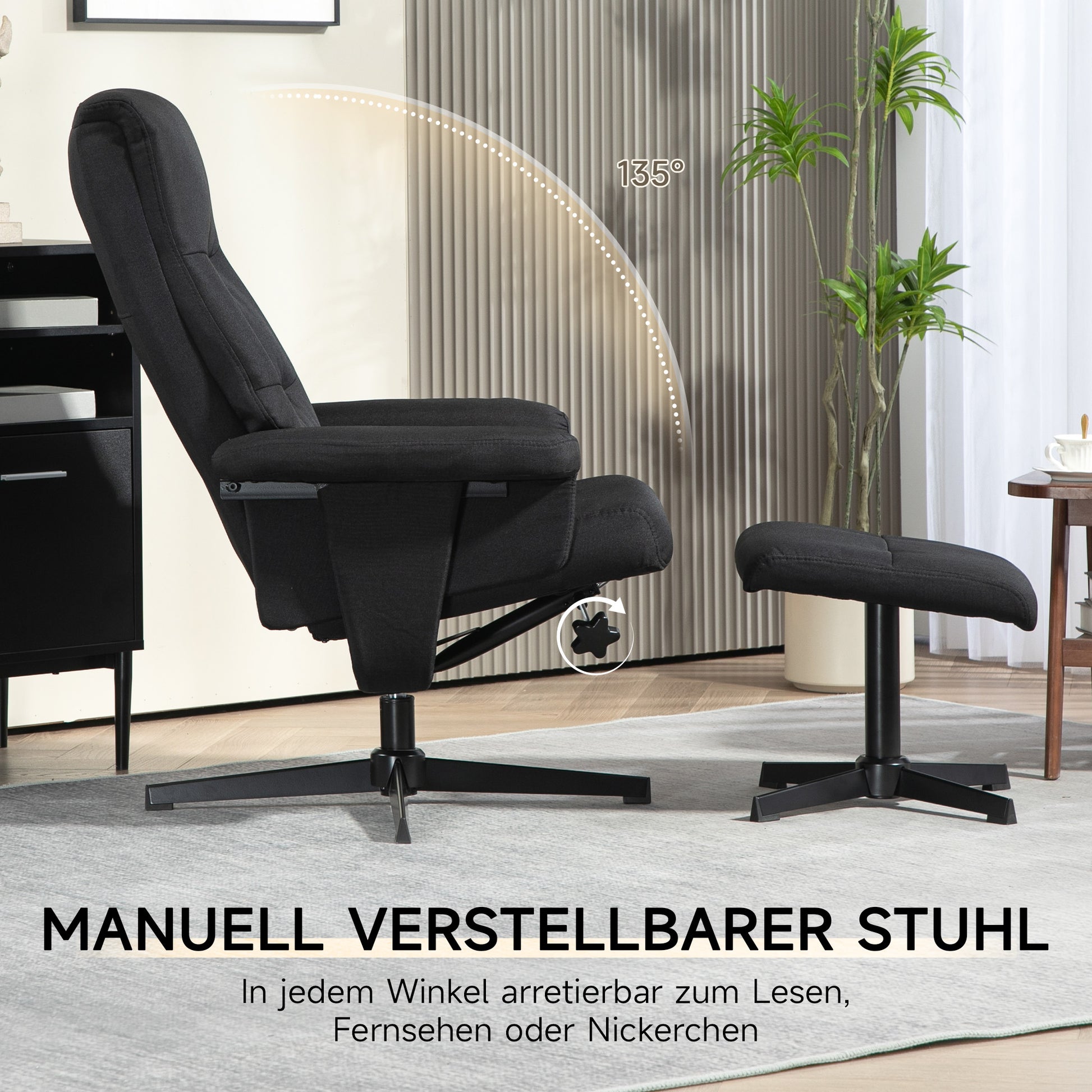 Recliner Chair with Ottoman, Padded TV Chair with Reclining Function, Rocking Feature, Swivel Lounge Chair with Velvet Look, for Living Room, Bedroom, Black