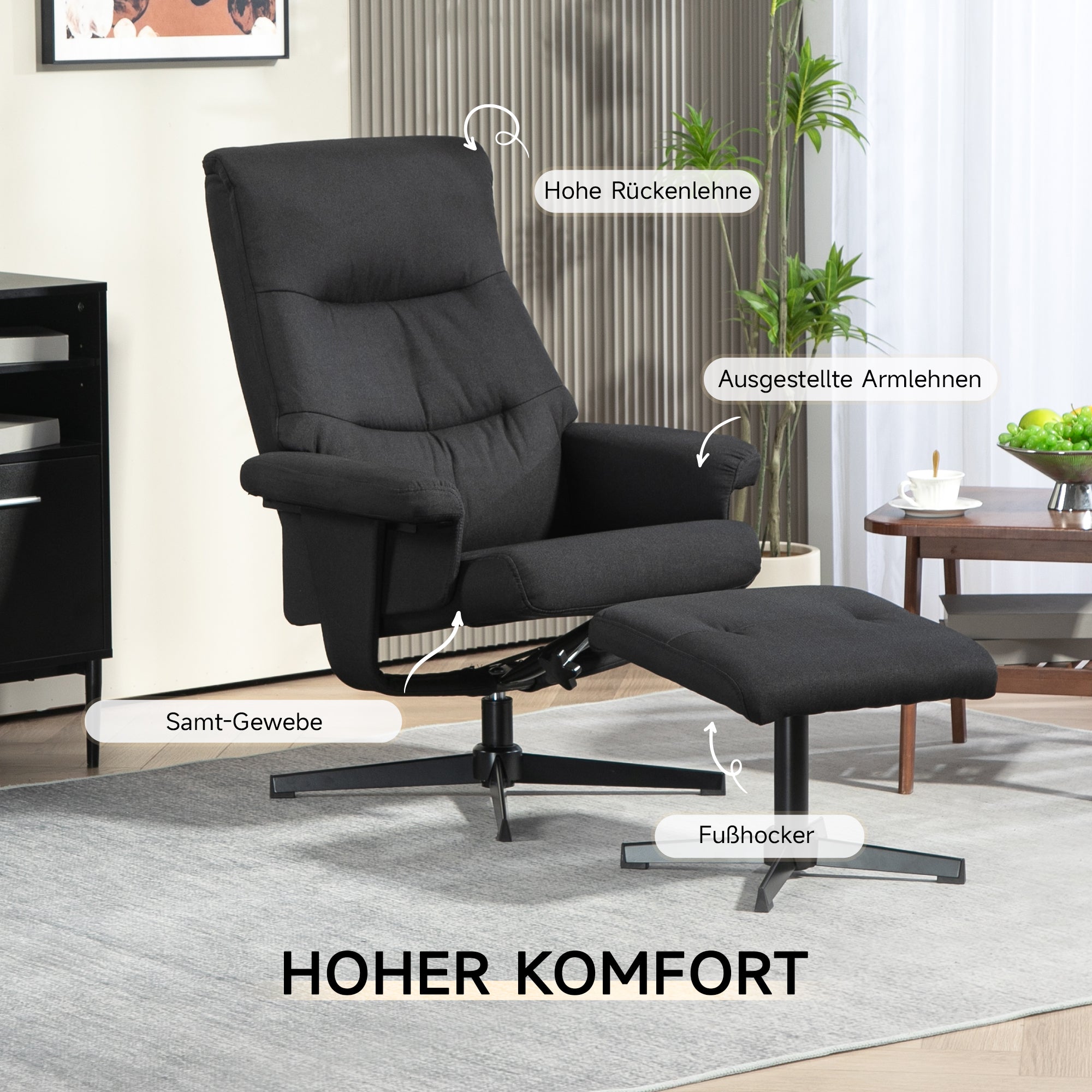 Recliner Chair with Ottoman, Padded TV Chair with Reclining Function, Rocking Feature, Swivel Lounge Chair with Velvet Look, for Living Room, Bedroom, Black