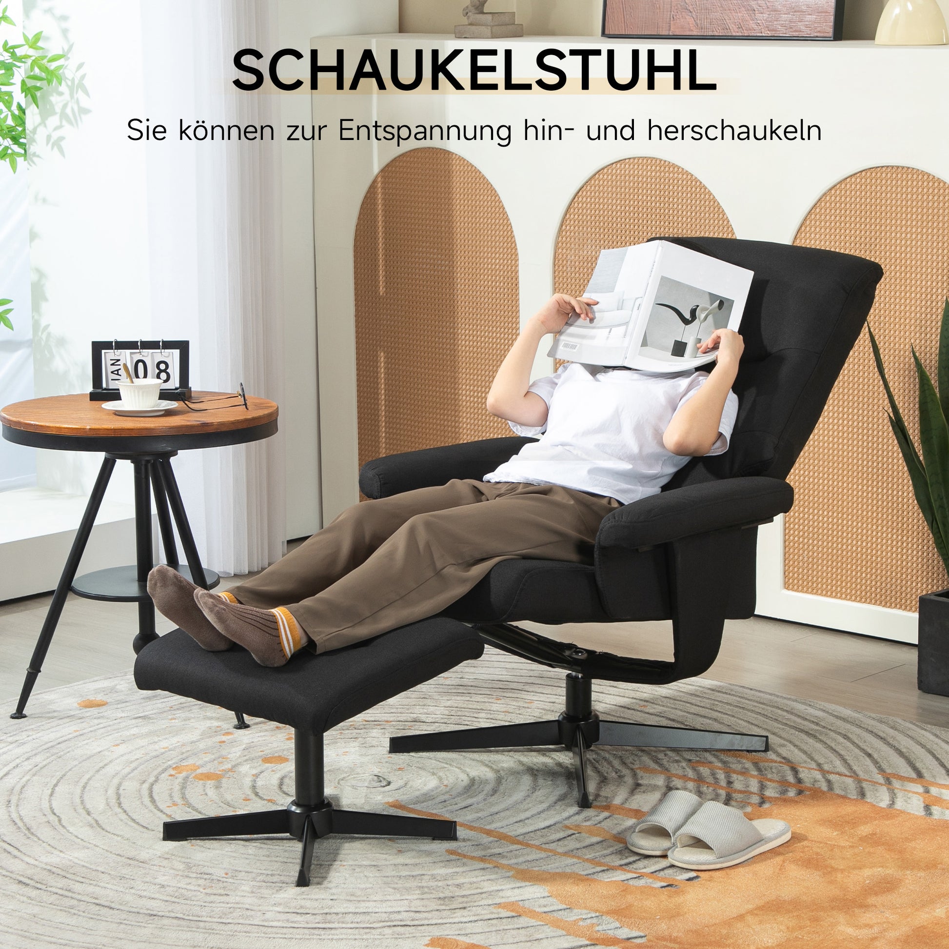 Recliner Chair with Ottoman, Padded TV Chair with Reclining Function, Rocking Feature, Swivel Lounge Chair with Velvet Look, for Living Room, Bedroom, Black