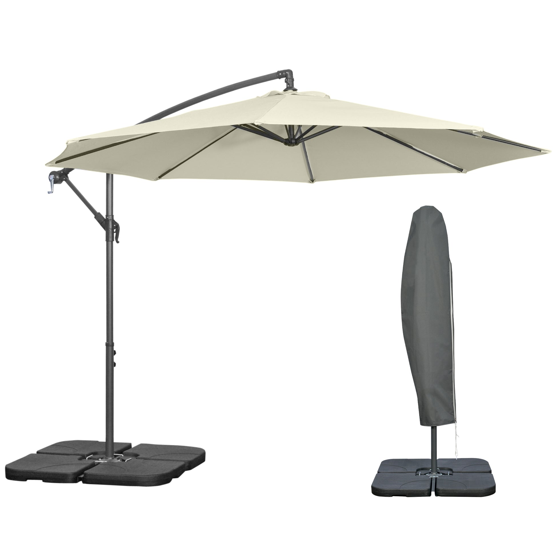 Offset Umbrella Ø3x2.5 m with Cross Base, Weights, and Crank, Metal and Polyester Cantilever Umbrella 180 g/㎡ with 6 Ribs, UV Protection, Beige