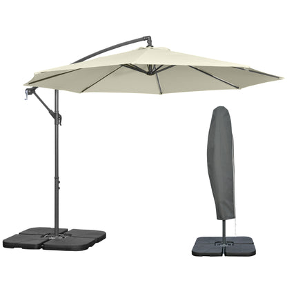 Offset Umbrella Ø3x2.5 m with Cross Base, Weights, and Crank, Metal and Polyester Cantilever Umbrella 180 g/㎡ with 6 Ribs, UV Protection, Beige