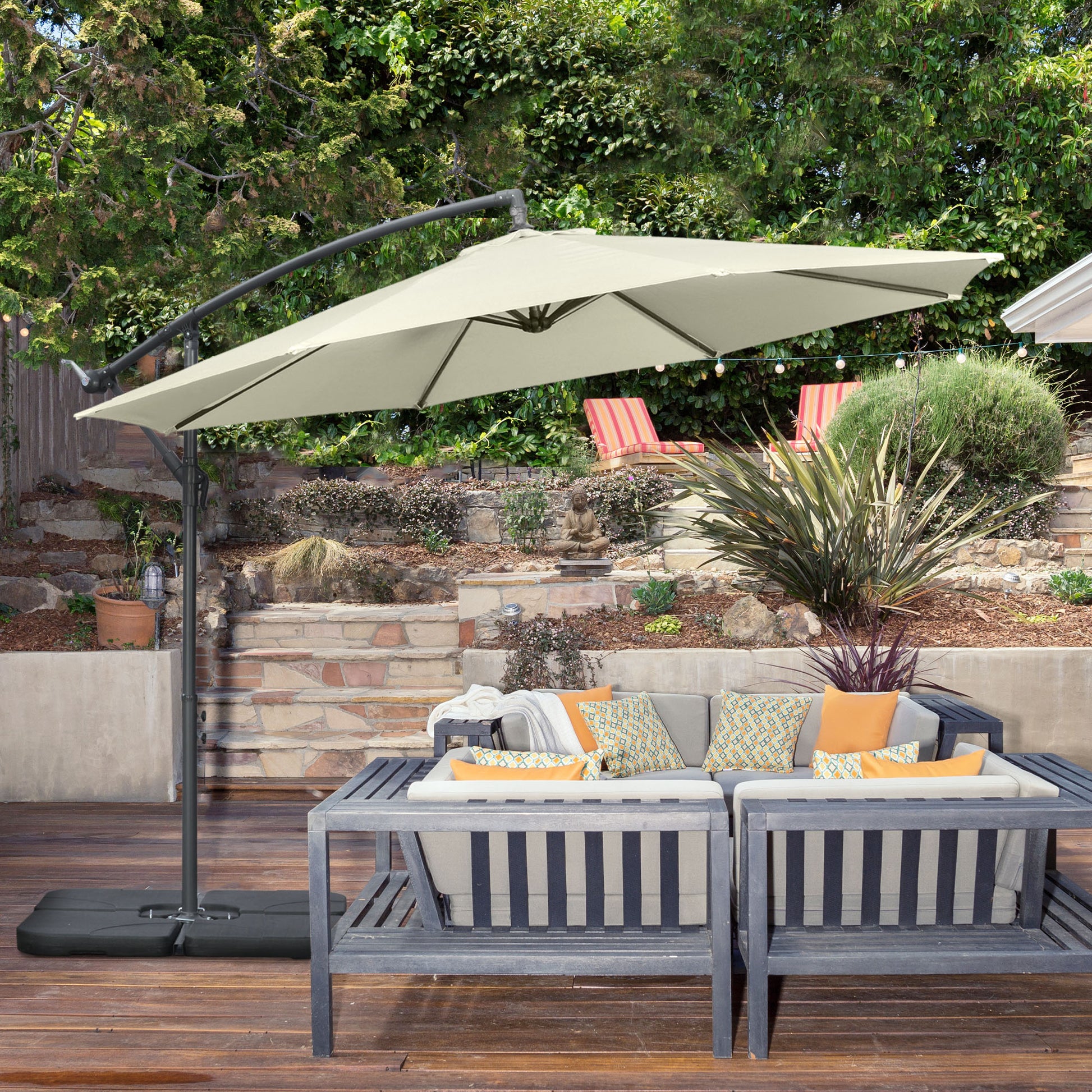 Offset Umbrella Ø3x2.5 m with Cross Base, Weights, and Crank, Metal and Polyester Cantilever Umbrella 180 g/㎡ with 6 Ribs, UV Protection, Beige